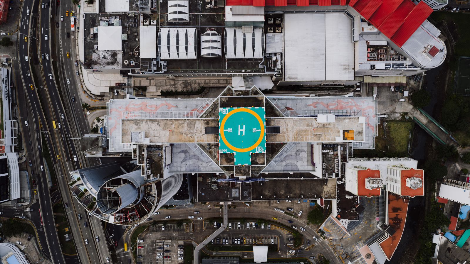 Overhead aerial photograph of a commercial building district