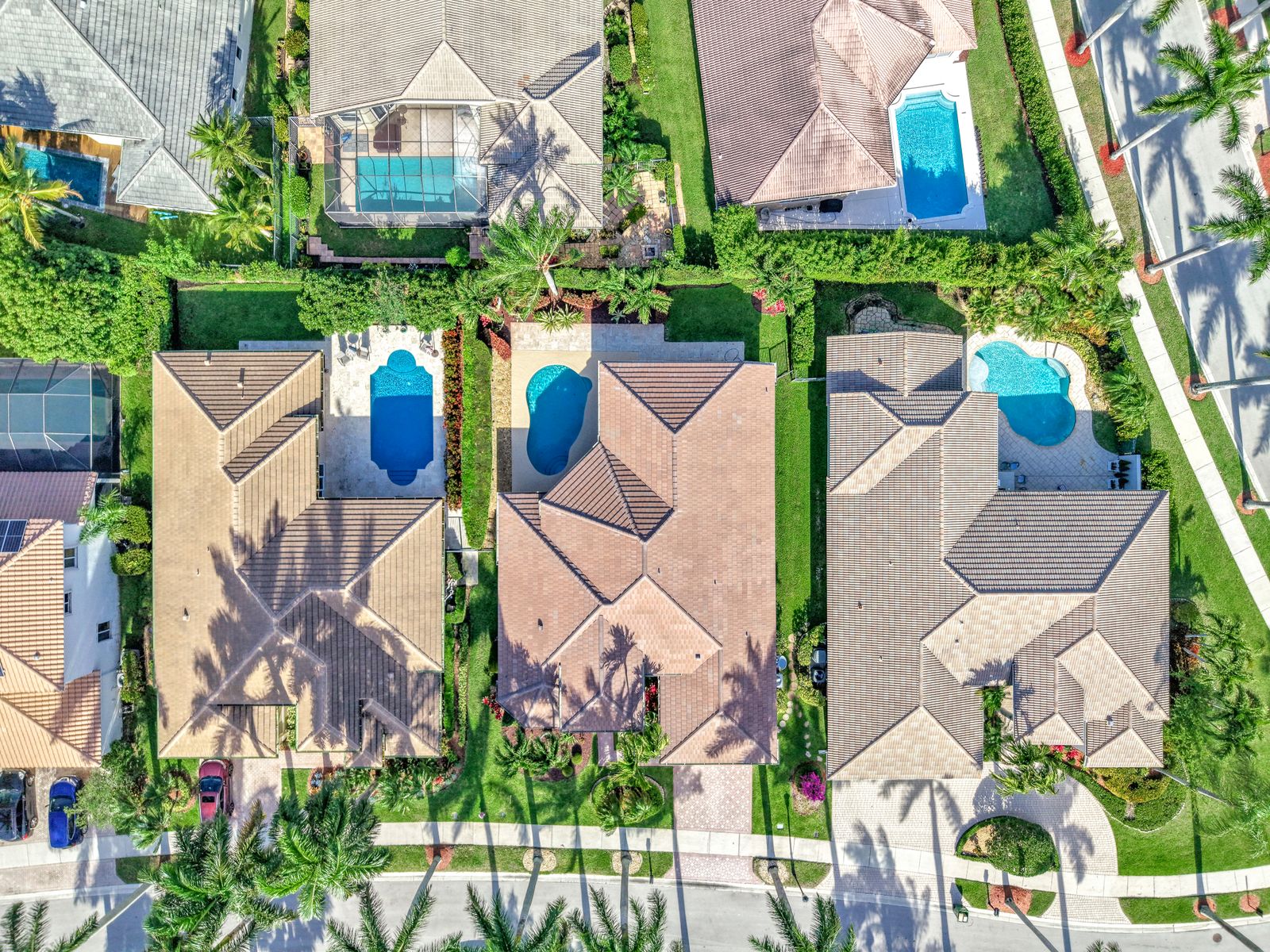 Overhead aerial photograph of luxury homes with pools